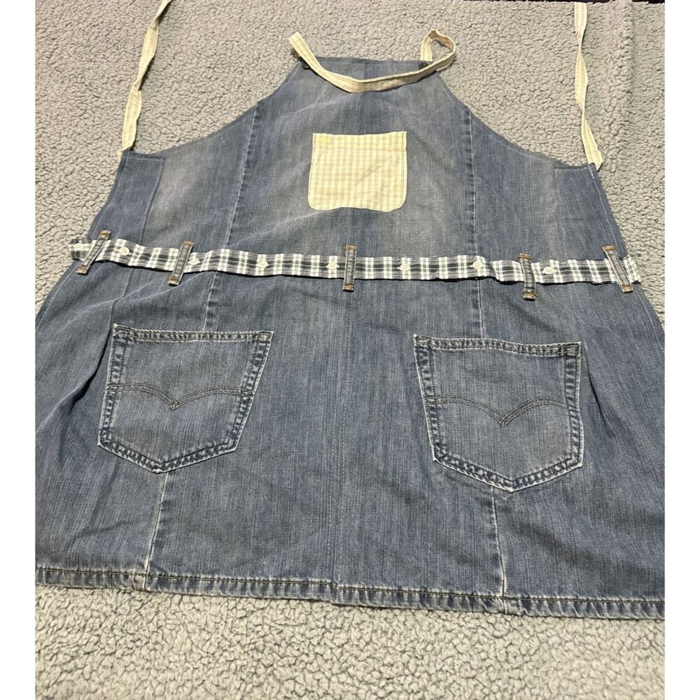 Handmade Denim Blue Jean Yard Cooking Apron with Red Accents Adult Cute